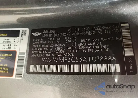 2010 Mini Cooper z USA, uszkodzony, nr VIN WMWMF3C53ATU78886